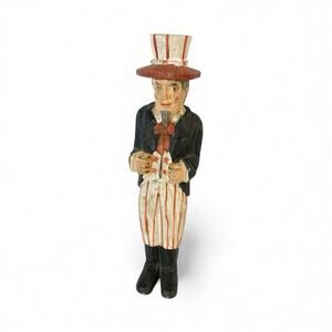 Vintage Primitive Folk Art Hand Carved Wooden Uncle Sam Figure 9" Patriotic